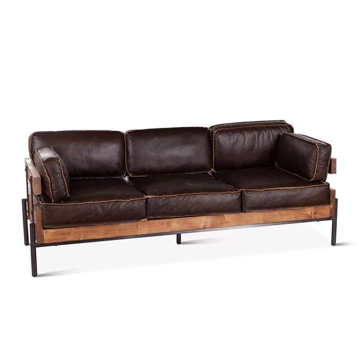 Metal & Genuine Leather Pillow Top Arm Sofa, Mocha Brown - Furnishiaa -  -
